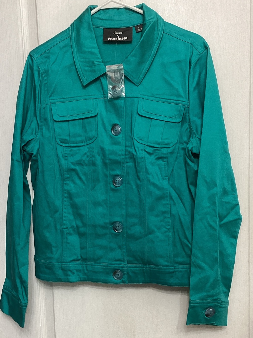 dennis basso Teal Green Button-Front Jean Jacket